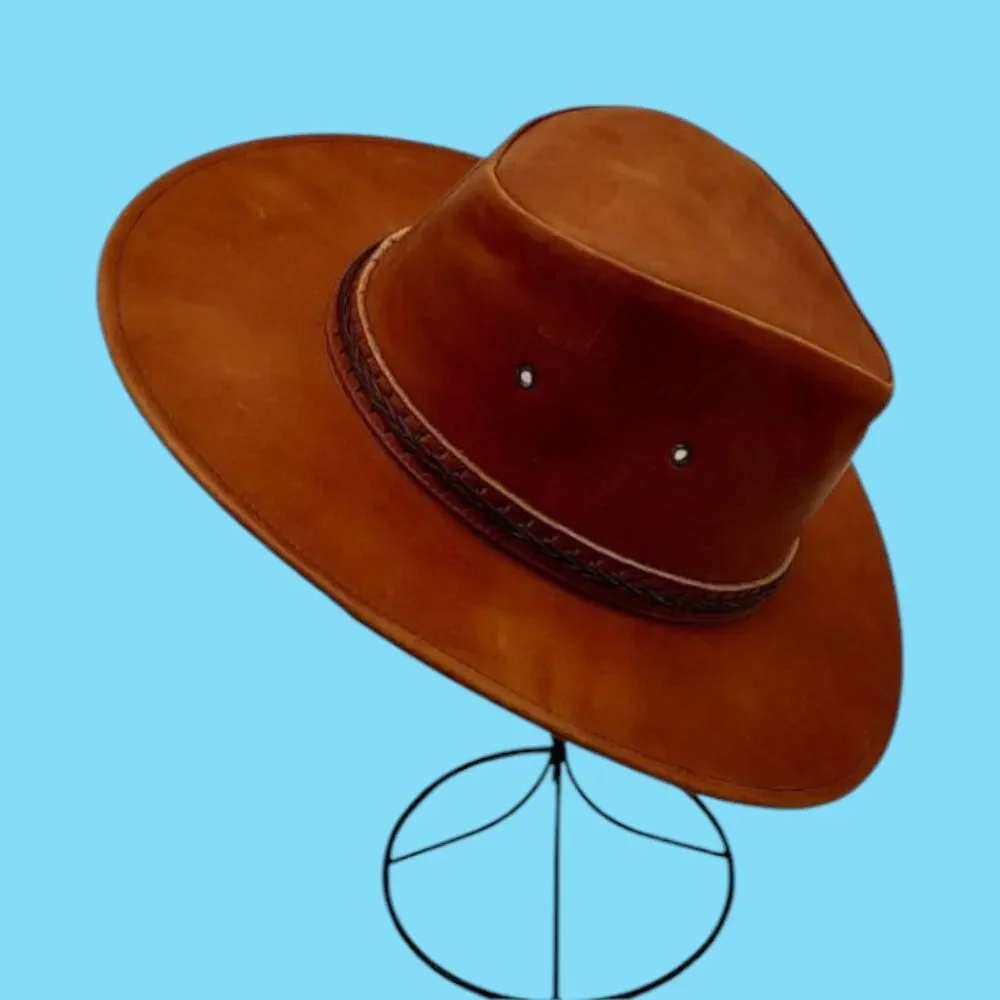 Colombian Crafted Small Brown Leather Western Cowboy Outback Boho Distressed Hat